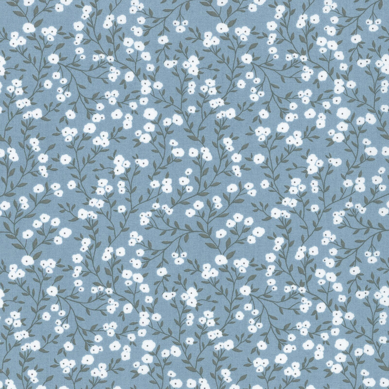 fabric featuring gray spreading vines with crisp white flowers on a lovely sky blue background.