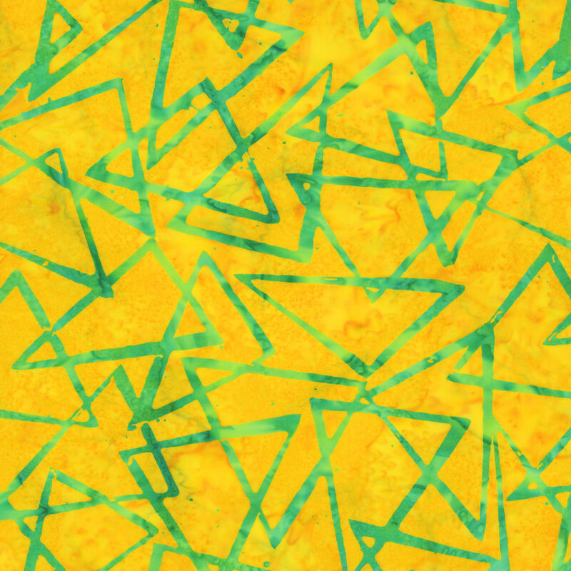 vibrant golden yellow mottled fabric featuring scattered mottled teal triangles overlapping one another