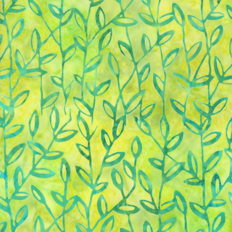 stunning lime green mottled fabric featuring intertwining mottled teal leaves