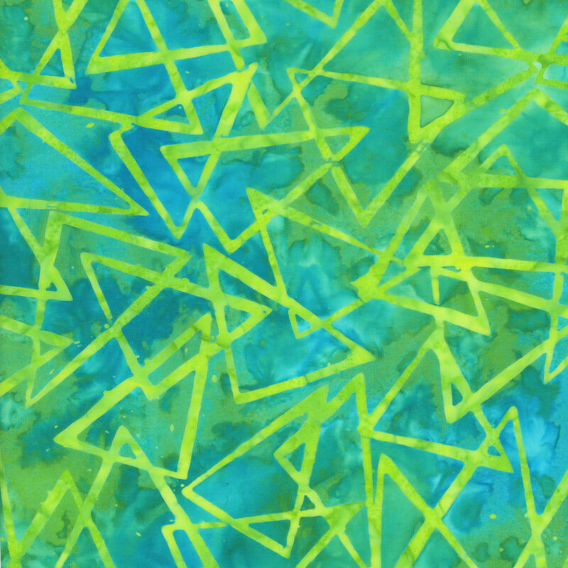 vibrant mottled teal fabric featuring scattered mottled lime green triangles overlapping one another
