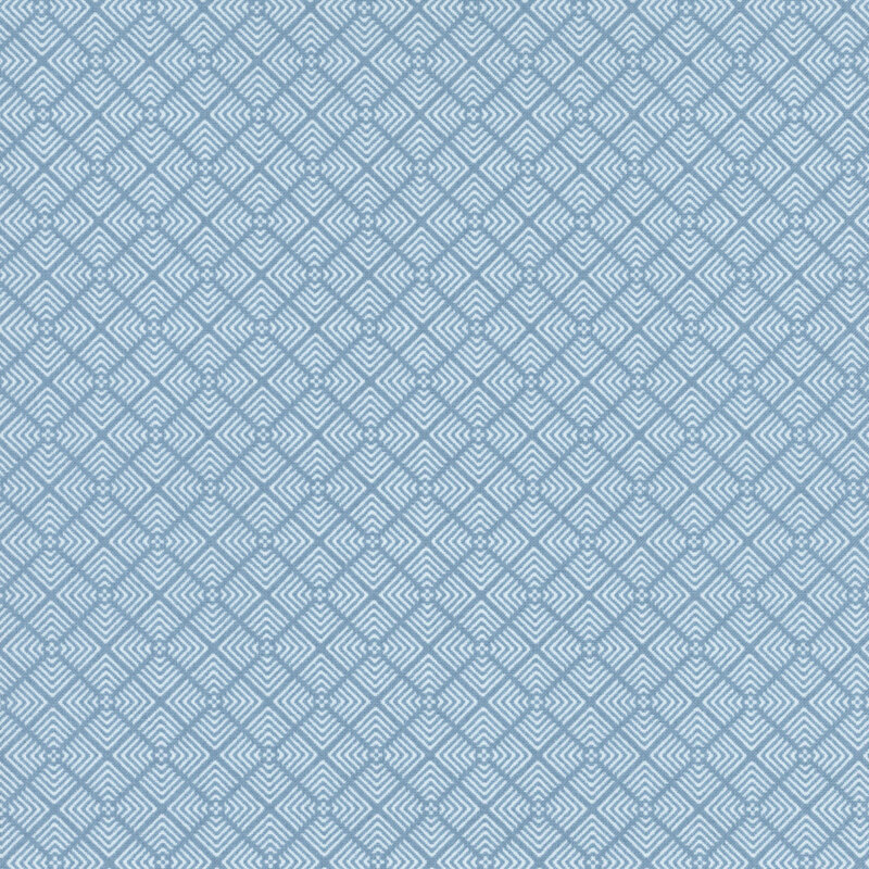 fabric featuring white geometric angles repeating in a tiled pattern on a sky blue background.