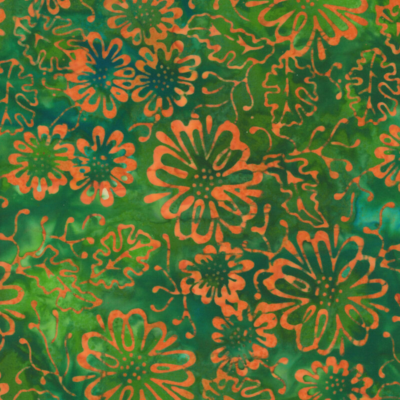 vibrant teal mottled fabric featuring a scattered floral design in a mottled orange color