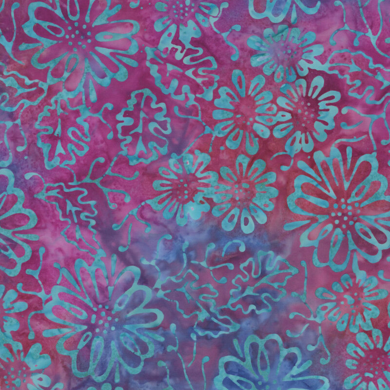 vibrant fuchsia and blue mottled fabric featuring a scattered floral design in a mottled turquoise color