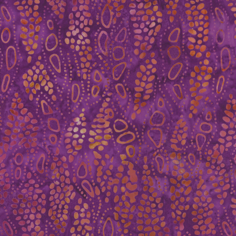 vibrant purple mottled fabric featuring an amorphous fuchsia and orange dot pattern