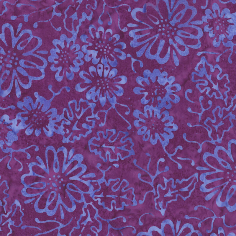 vibrant purple mottled fabric featuring a scattered floral design in a mottled blue color