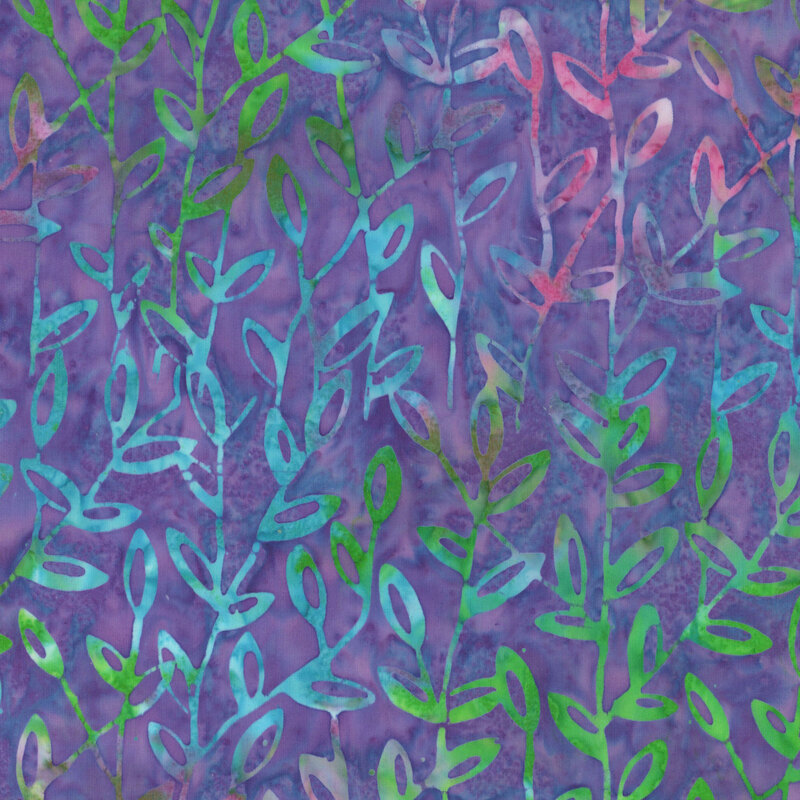 stunning purple and blue mottled fabric featuring intertwining scattered leaves in irregularly shifting aqua, pink, and green