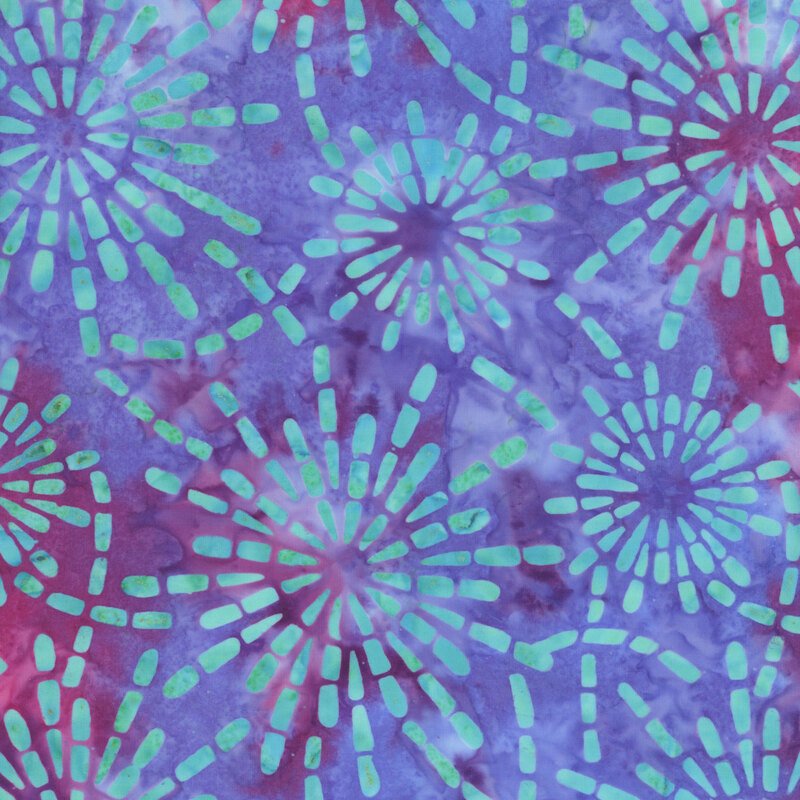 vibrant mottled purple and blue fabric featuring light blue and aqua starburst patterns