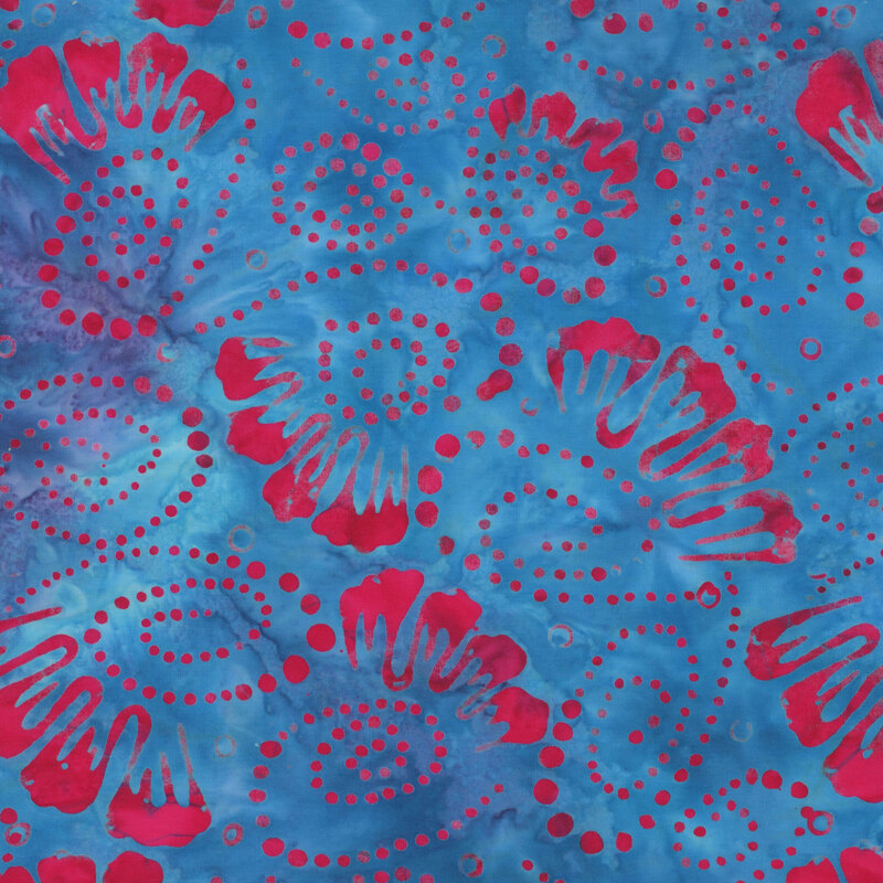 teal and light blue mottled fabric featuring swirling hot pink and fuchsia dots with added abstract fans