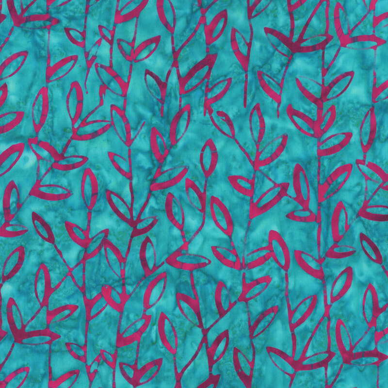 stunning teal mottled fabric featuring intertwining mottled fuchsia leaves