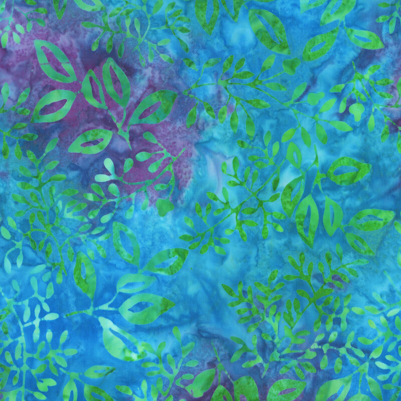 vibrant mottled purple and aqua fabric featuring scattered green mottled leaves