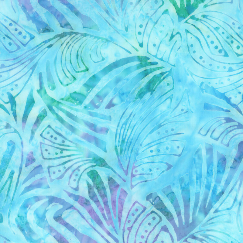 vibrant light blue mottled fabric featuring an abstract pattern of mottled blue and purple leaves