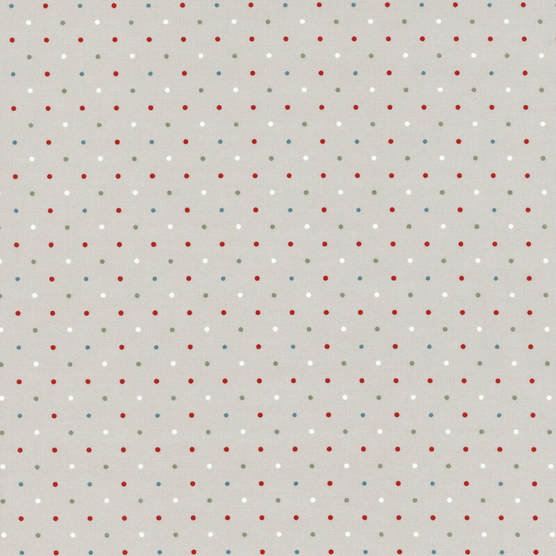 fabric featuring red white and blue polka dots on a solid silver gray background