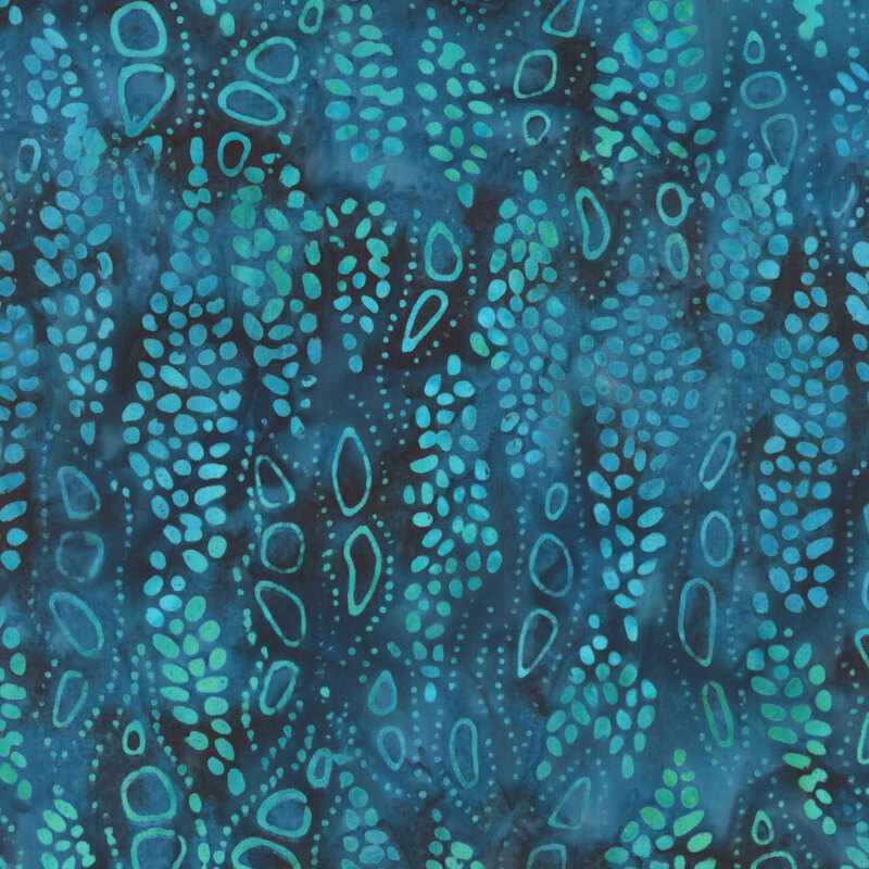 vibrant blue and midnight mottled fabric featuring an amorphous light blue and aqua dot pattern