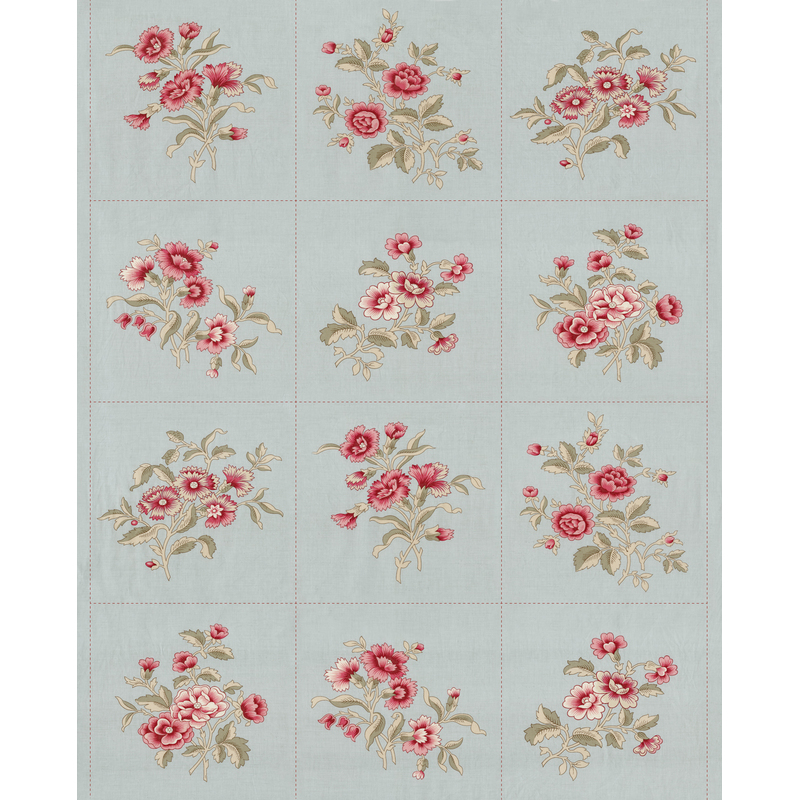 lovely gray-blue panel featuring tiles of dusty red flowers