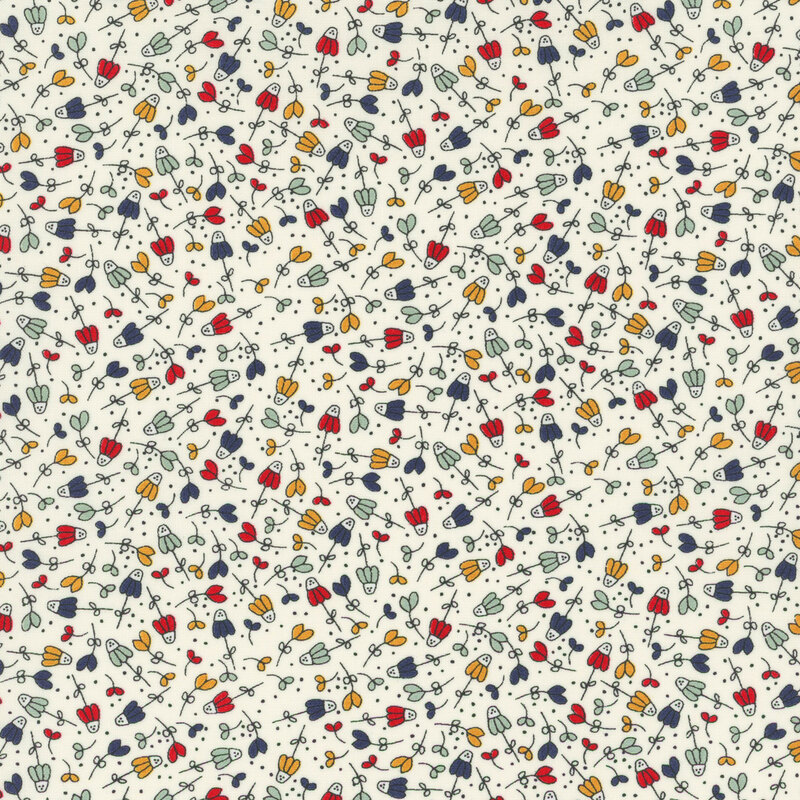 cream fabric featuring navy blue, mustard yellow, red, and aqua flowers scattered with black dots