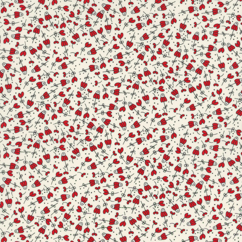 cream fabric featuring red flowers scattered with black dots