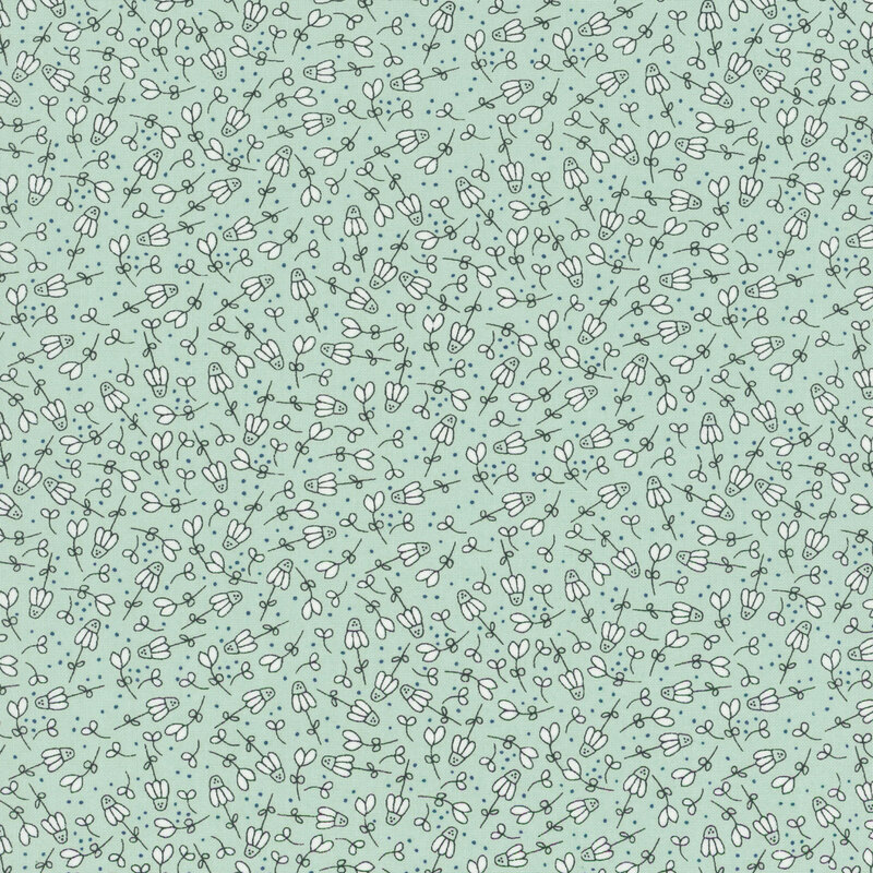 aqua fabric featuring white flowers scattered with black dots