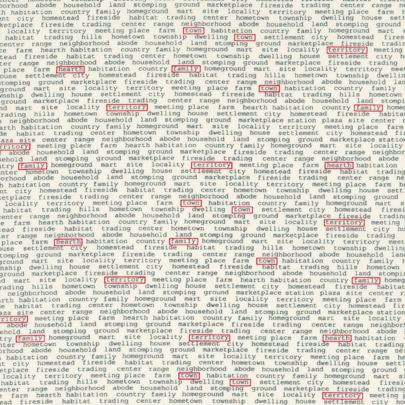 cream fabric featuring rows of black text with a hometown theme with various red boxes around certain words
