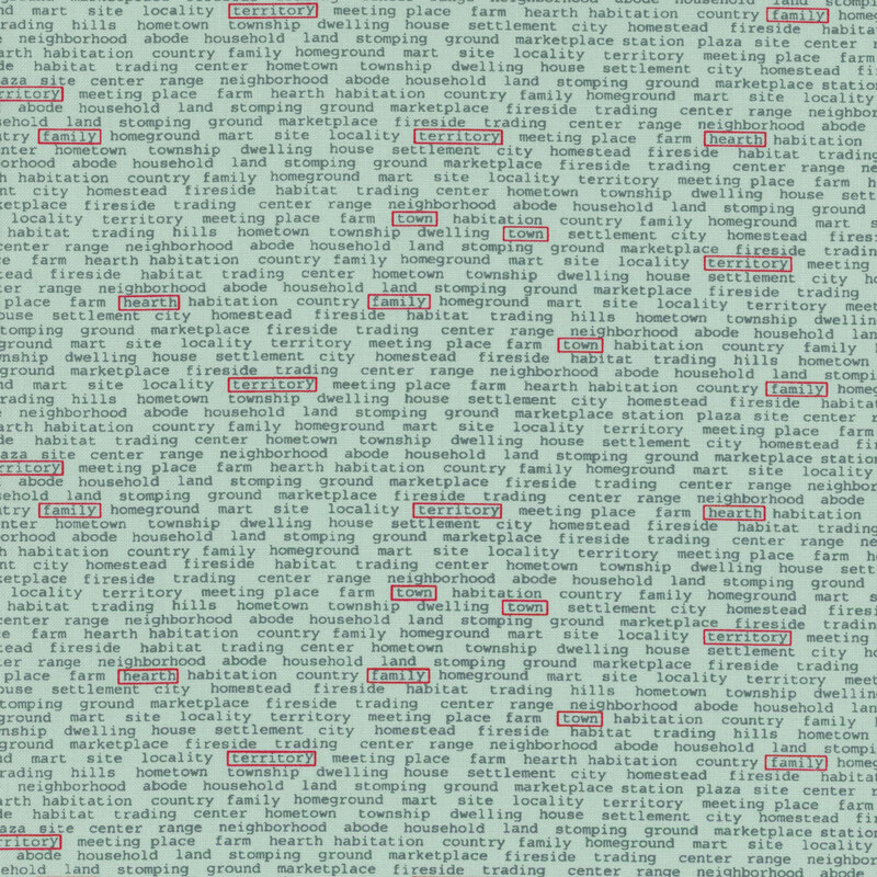 aqua fabric featuring rows of black text with a hometown theme with various red boxes around certain words