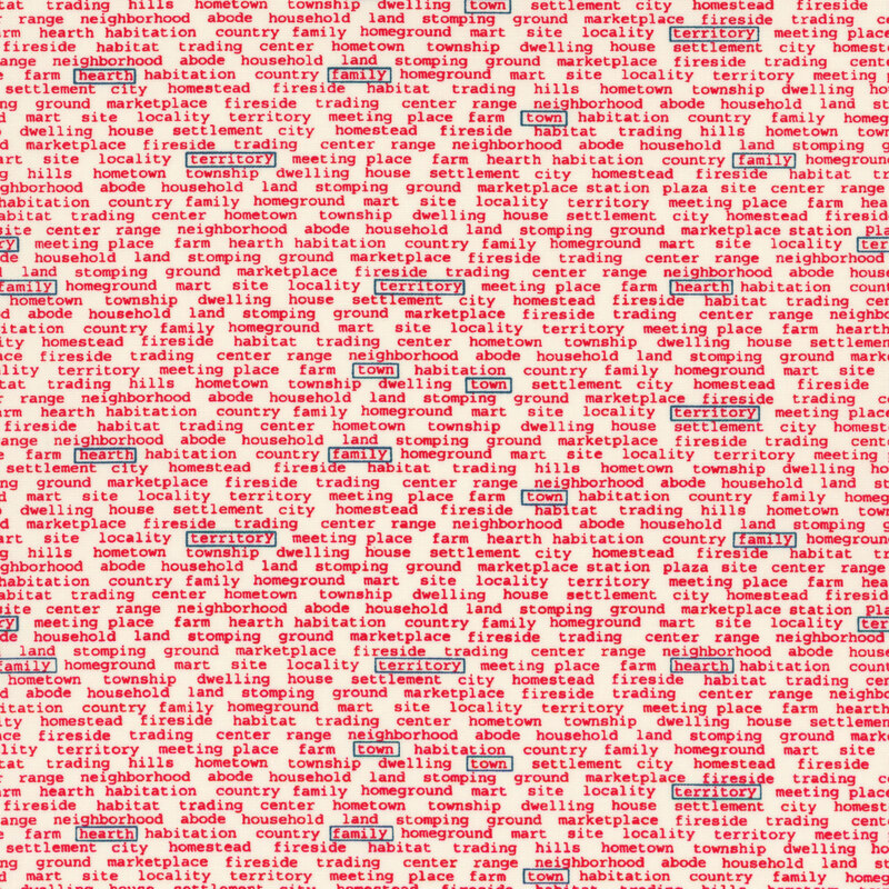 cream fabric featuring rows of red text with a hometown theme with various black boxes around certain words