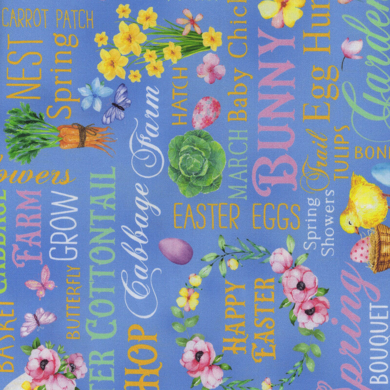 Blue mottled fabric with multi-colored Easter and spring-themed words perpendicular to one another with springtime motifs all over