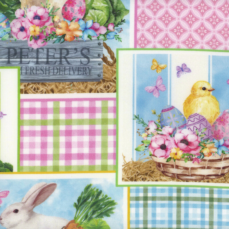 Patchwork-like fabric with pastel plaid, stripes, and small Easter scenes layered over one another.