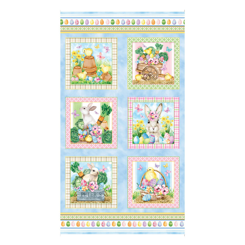 Blue mottled panel with six blocks, each featuring an Easter scene with bunnies and chicks