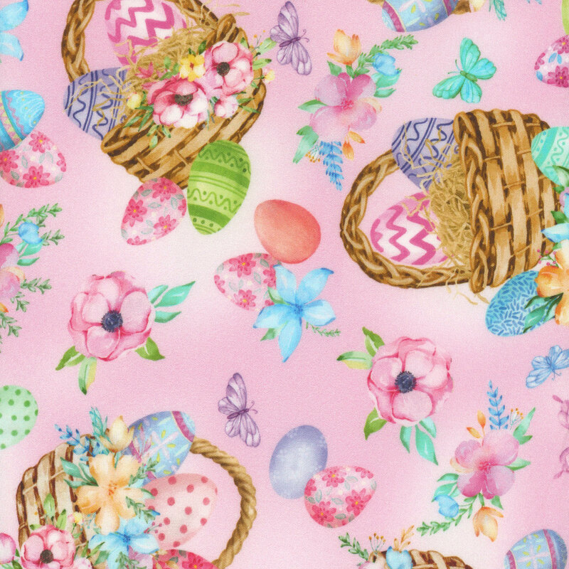 Mottled pink fabric with tossed easter baskets, decorated eggs, and butterflies