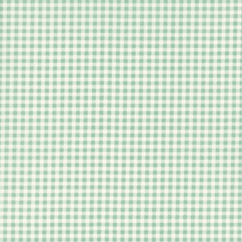 aqua gingham fabric featuring diagonally dashed connecting squares