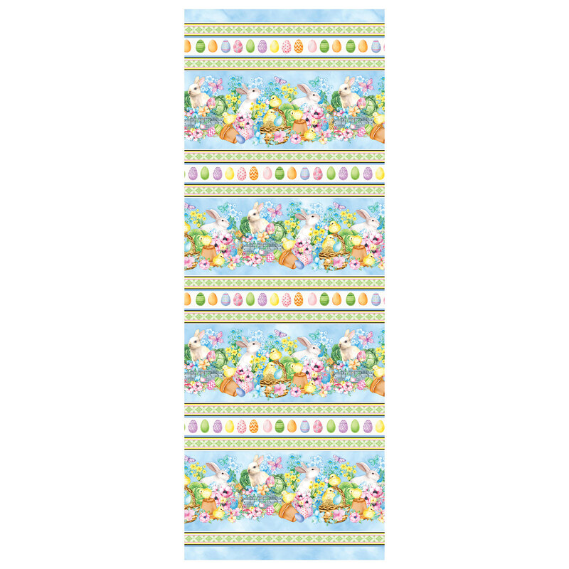 Blue mottled fabric border with Easter bunnies, chicks, decorated eggs, Easter baskets, and more