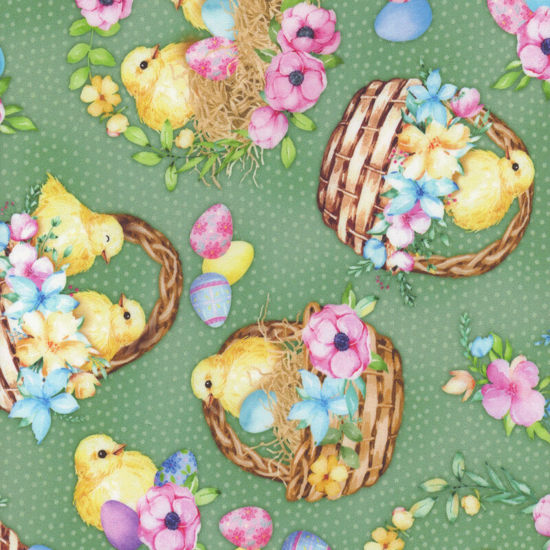 Green fabric with easter baskets, yellow chicks, and decorated eggs tossed all over.