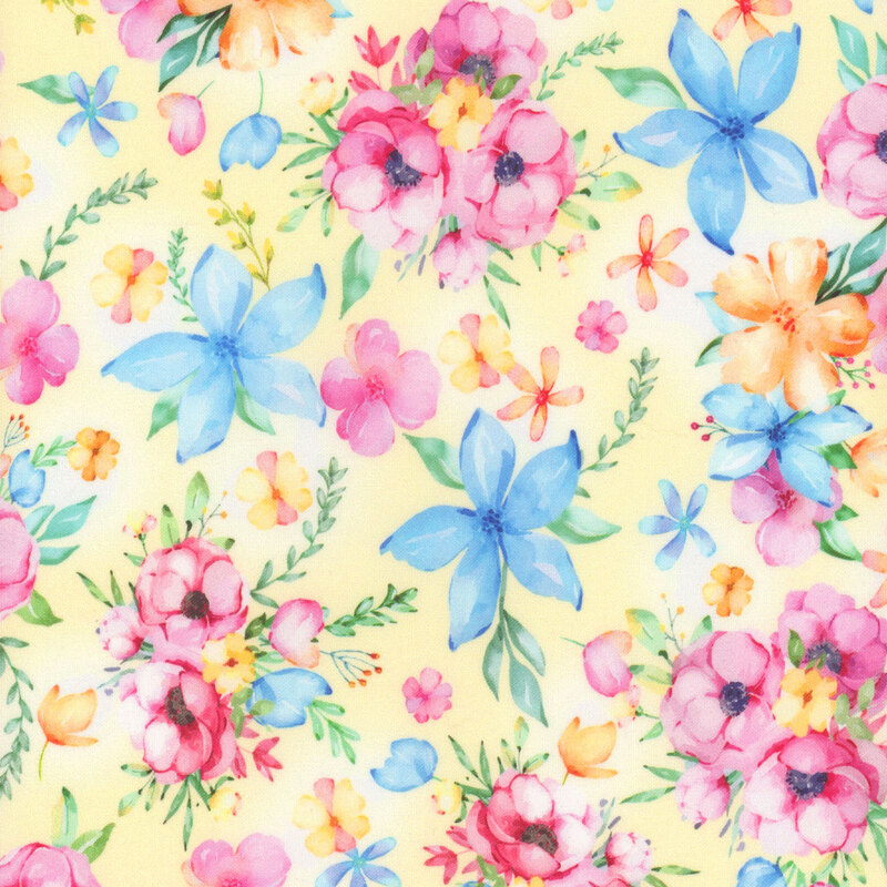 Yellow pastel fabric with tossed flowers in blue, pink and orange, with green leaves.