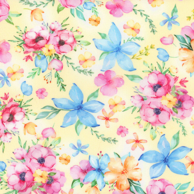 Yellow pastel fabric with tossed flowers in blue, pink and orange, with green leaves.