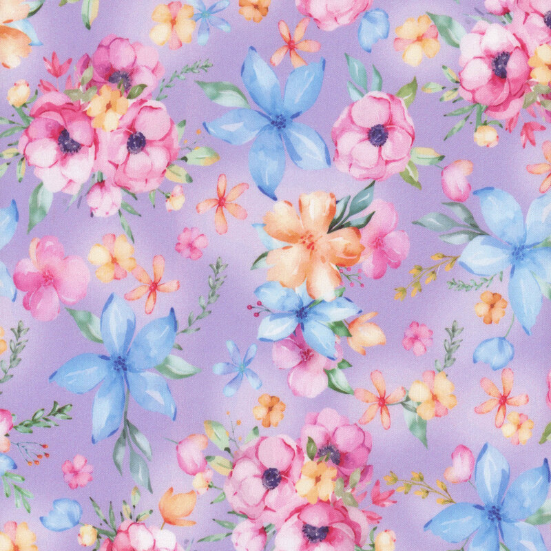 Purple pastel fabric with tossed flowers in blue, pink and orange, with green leaves.
