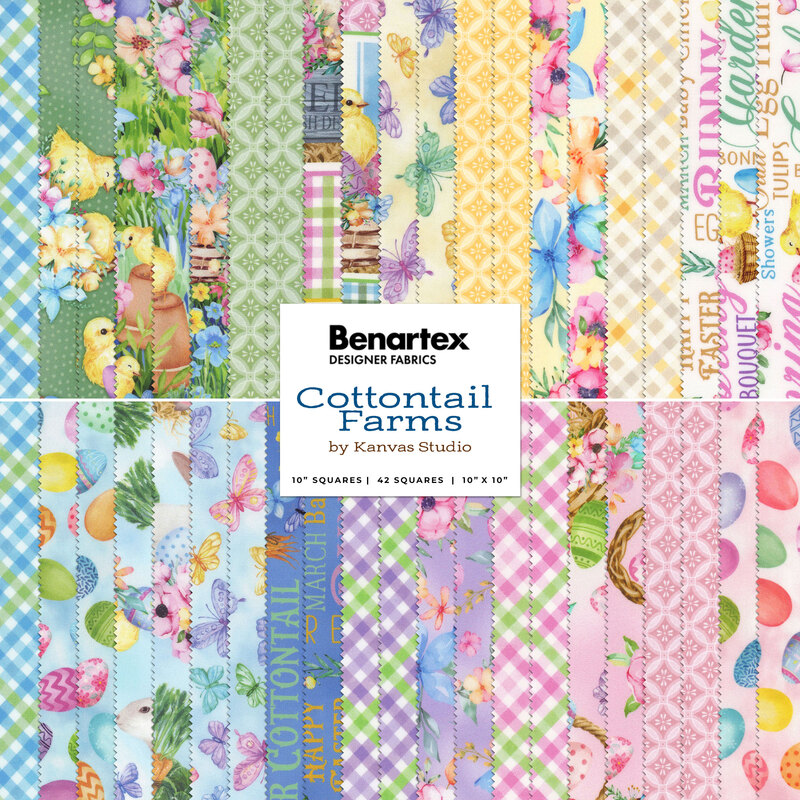 Collage of all the fabrics included in the Cottontail Farms layer cake.