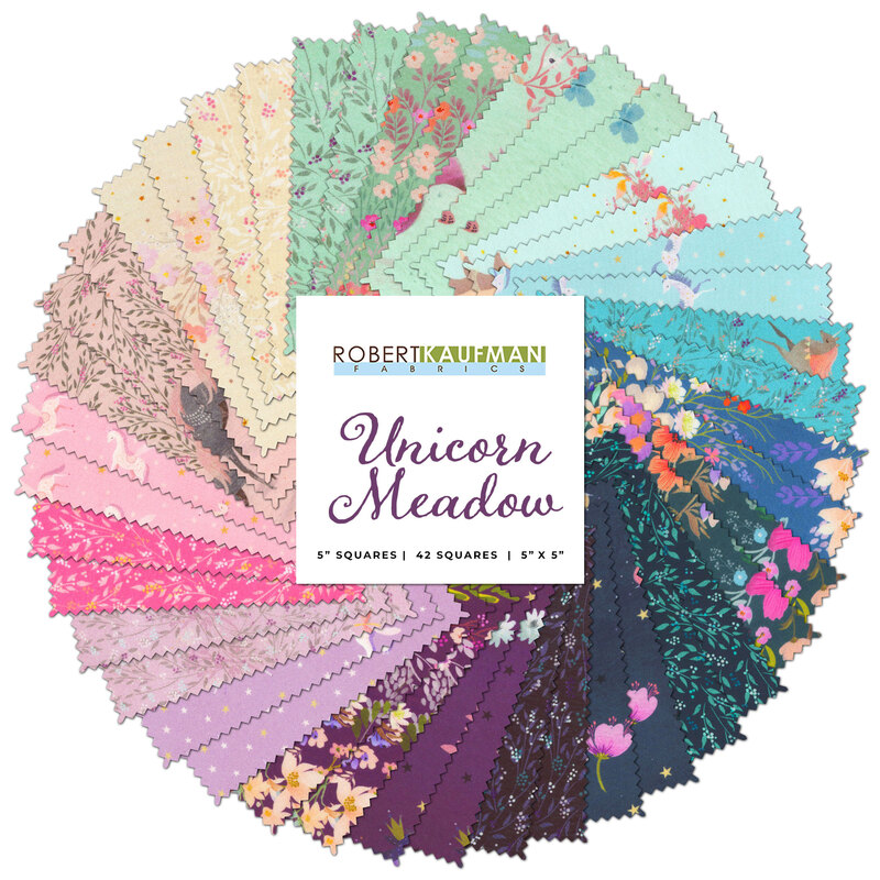 graphic collage of all fabrics in the unicorn meadow charm squares