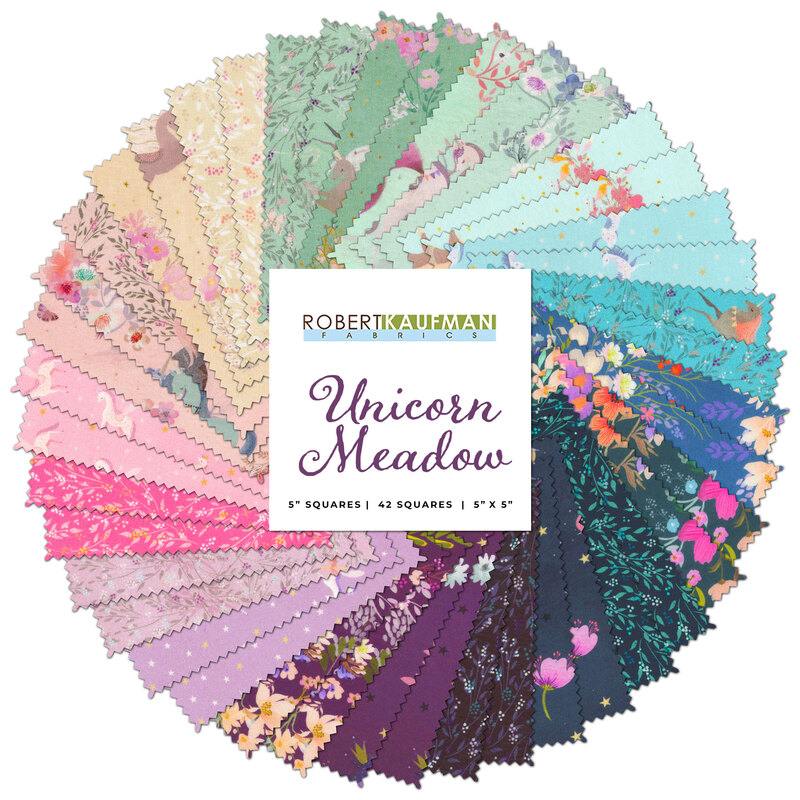 graphic collage of all fabrics in the unicorn meadow charm squares