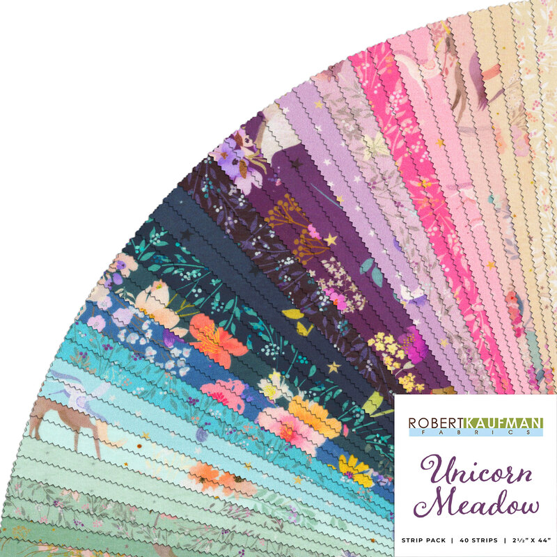 graphic collage of all fabrics in the unicorn meadow roll up