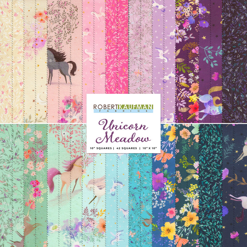 graphic collage of all fabrics in the unicorn meadow ten squares