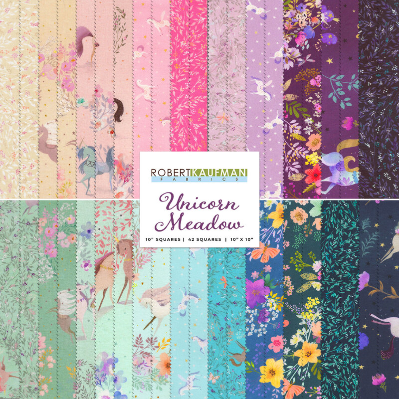 graphic collage of all fabrics in the unicorn meadow ten squares