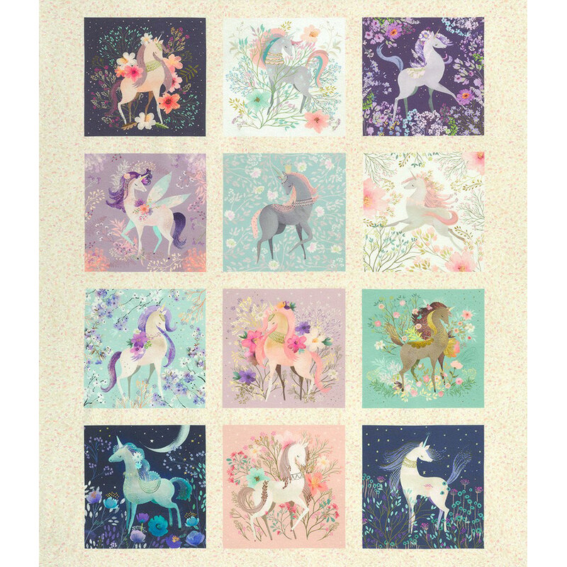whimsical panel featuring a tan floral border surrounding multiple panels of different stylized unicorns and flowers