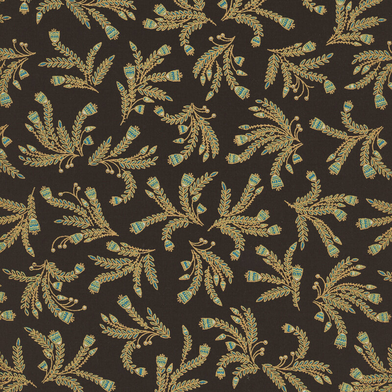 Black fabric featuring bunches of gold metallic vines