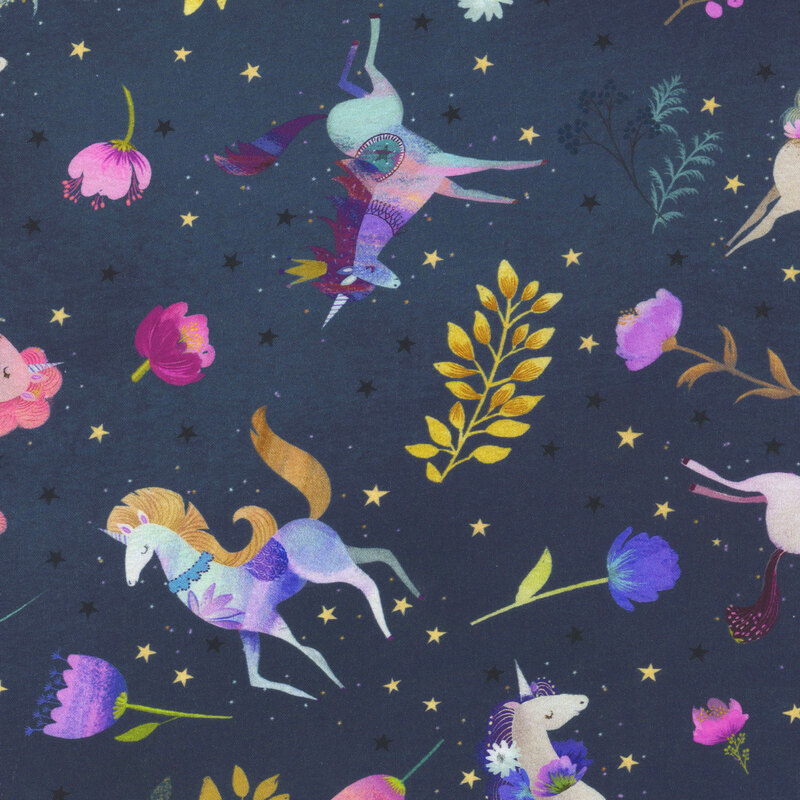 navy blue fabric featuring scattered stars, leaves, and flowers amidst various stylized unicorns