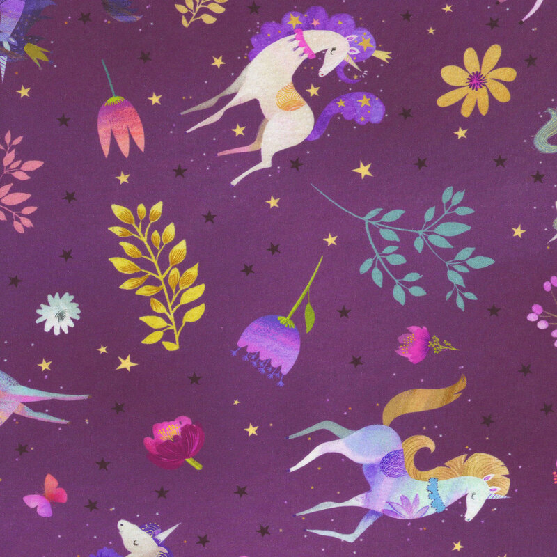 purple fabric featuring scattered stars, leaves, and flowers amidst various stylized unicorns