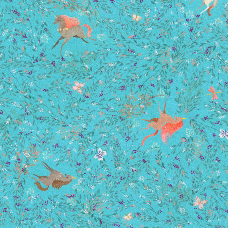 teal fabric featuring a darker teal vine and leaf design with scattered butterflies and flowers, with unicorns situated in empty spaces