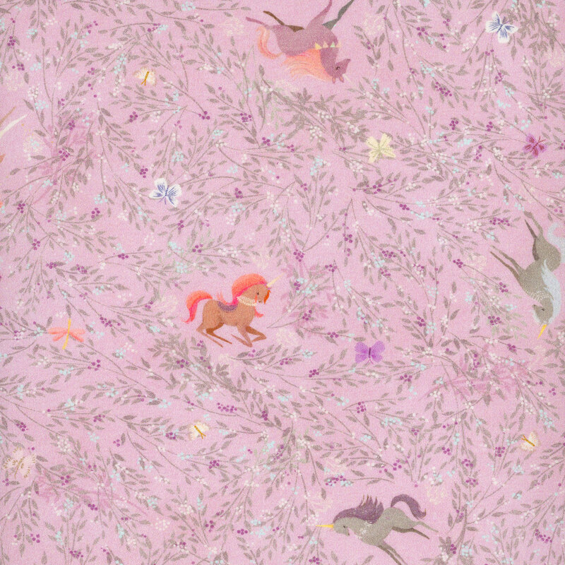lilac fabric featuring a gray vine and leaf design with scattered butterflies and flowers, with unicorns situated in empty spaces