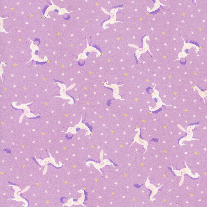 beautiful lavender fabric featuring scattered white unicorns with white and gold stars intermixed
