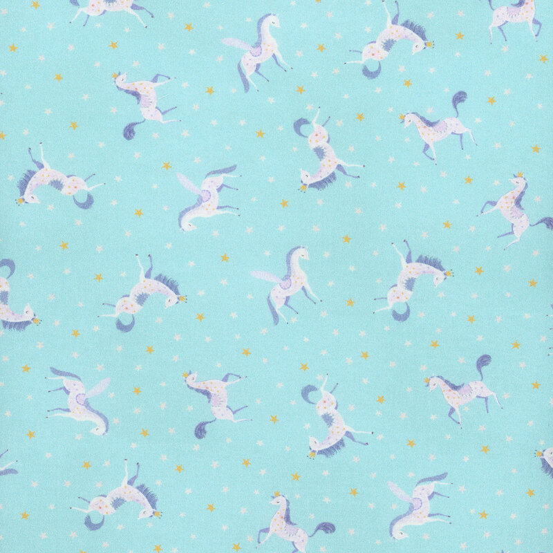 beautiful sky blue fabric featuring scattered white unicorns with white and gold stars intermixed
