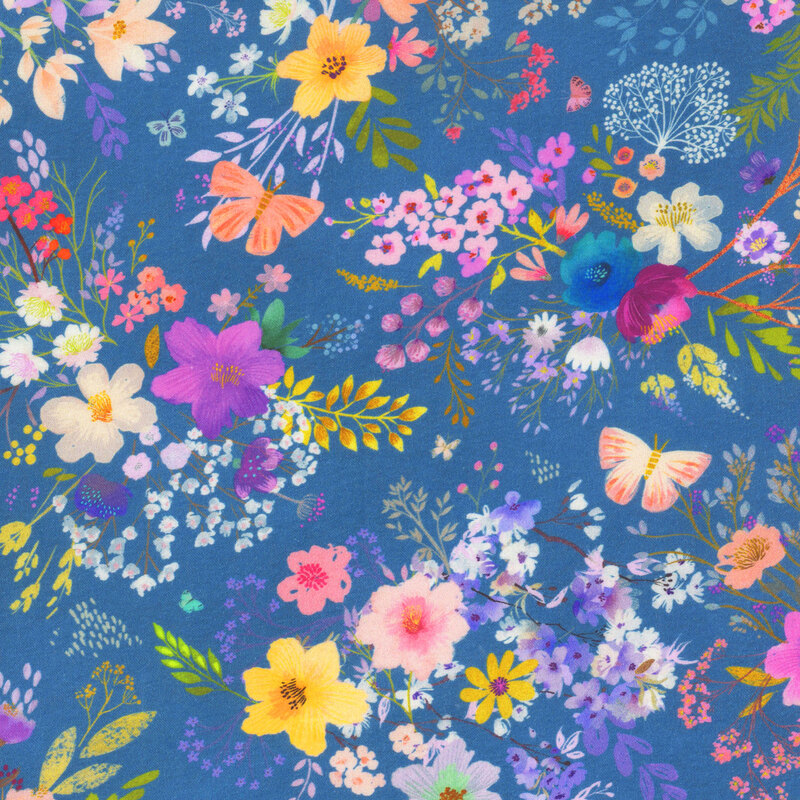 blue fabric featuring a multicolor floral pattern with butterflies interspersed throughout
