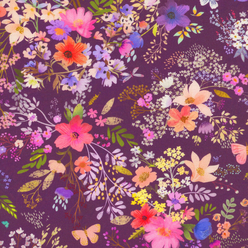 purple fabric featuring a multicolor floral pattern with butterflies interspersed throughout